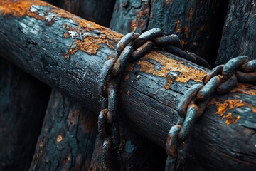 Rusty metal chain wrapped around aged weathered wood plank.  Texture and abstract background concept