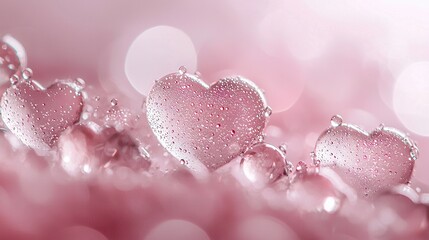 Wall Mural -   A zoomed-in photo of several water droplets on a heart-shaped object against a pink backdrop