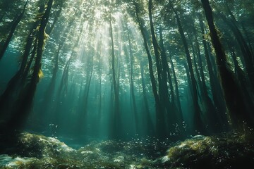 Wall Mural - Sunbeams shining through underwater forest scene with trees and rocks