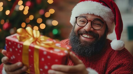 Santa Claus sharing gifts, colorful wrapping, happy expressions 