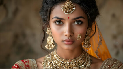 A beautiful young woman in a traditional Hindu dress and intricate jewelry, looking confidently