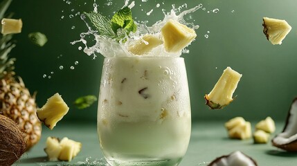 Poster -  Pineapple milkshake in a glass with milk & pineapples on green surface