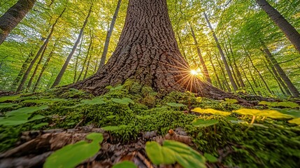 Wall Mural -  Large tree in forest, sun shining through branches, leaves on ground