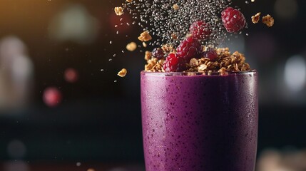 Wall Mural -   Purple smoothie with granola topping, featuring raspberries and a sprinkling of granola