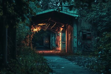 Canvas Print - Mysterious Abandoned Building in the Woods with a Path Leading to the Entrance