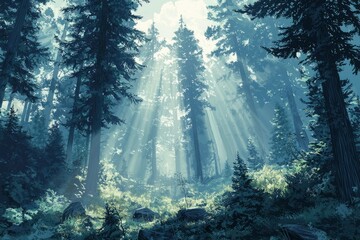 Wall Mural - Sunlight Streaming Through Tall Trees in a Dense Forest