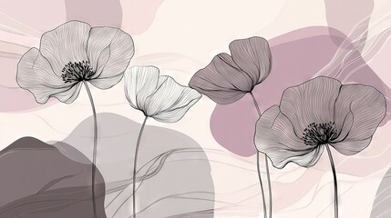 Wall Mural -   A trio of flowers against a pastel backdrop features a monochrome line sketch