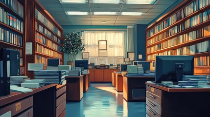  Well-organized office filled with books, desks, and computers, reflecting a focused academic or research environment.