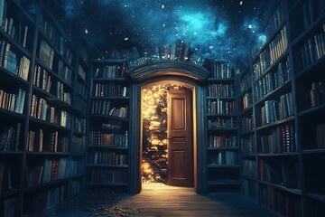 Magical door to another world in a mystical library. Concept of fantasy, imagination, and adventure