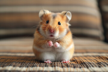 Cute hamster with fluffy fur and tiny paws sitting on striped surface, adorable tiny pet