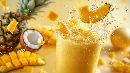 Canvas Print -   A glass brimming with orange juice flanked by pineapple slices and a whole pineapple nearby