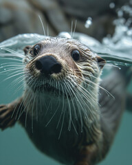 Playful otter with whiskers swimming underwater, capturing the essence of aquatic wildlife