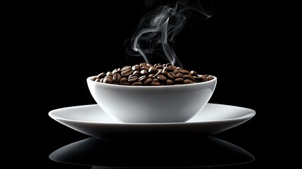 Wall Mural -   A white bowl filled with coffee beans sits atop a white saucer on a black surface, emitting steam from its top