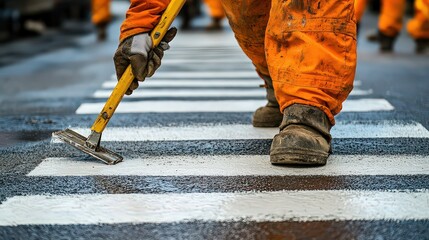  Close-up of worker painting white lines on a crosswalk. Highlights detailed urban road maintenance and safety efforts.