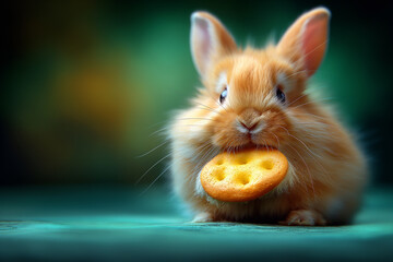 Wall Mural - Adorable fluffy bunny eating a cookie, showcasing its cute and furry innocent mammal pet on green