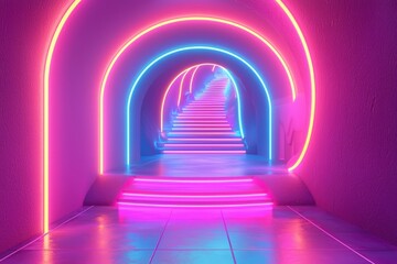 Poster - Neon-Lit Staircase Leading Through an Arched Passageway