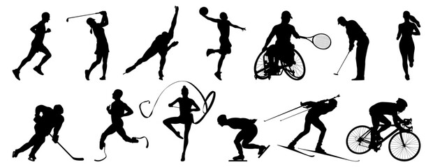 Silhouettes of men, women, disabled people engaged in various sports.The concept of adaptive sports. Group of athletes playing basketball, tennis, hockey, golf, biathlon, running, gymnastics. Vector i