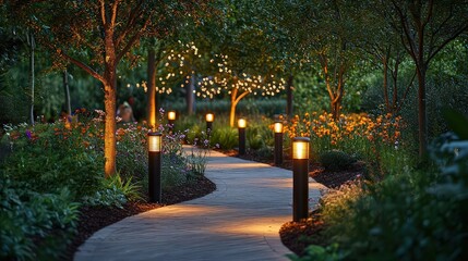  Beautiful garden pathway lit by lanterns at dusk, surrounded by trees and flowers. Serene space for evening relaxation.