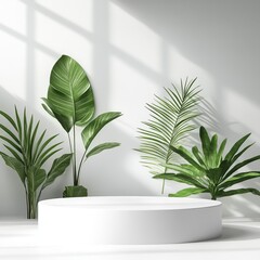 Wall Mural - white podium with tropical leaves on a white background  