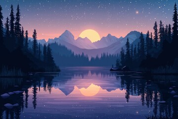 Wall Mural - A serene mountain lake scene with a rising sun and a starry sky reflected in the water.