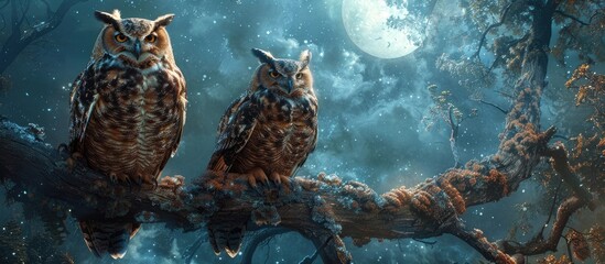 Two majestic owls perched on a twisted tree branch in a mystical moonlit forest creating a surreal and atmospheric scene of fantasy and wonder