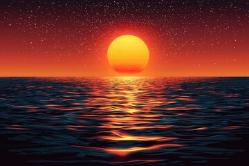 Wall Mural - A large, round, yellow sun setting over a dark, wavy ocean.