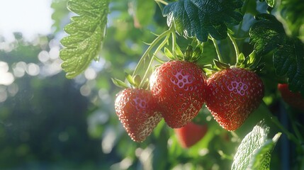 Wall Mural -   Three strawberries dangling from a leafy tree under warm sunbeams