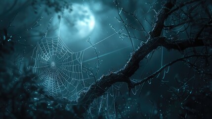 Wall Mural - haunting spiderweb silhouette hanging from the bare branches of a tree under the mysterious glow of 