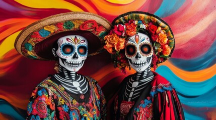 Colorful celebration of Dia de los Muertos with two women in traditional skull makeup and vibrant outfits against a vivid backdrop.