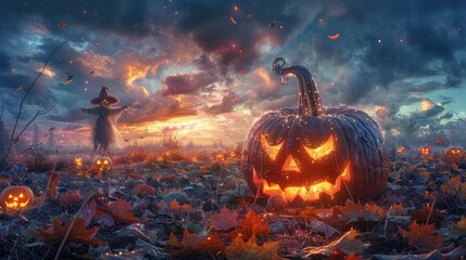 Mysterious glowing jack o lantern pumpkin in a spooky autumnal countryside scene under a dramatic moody night sky filled with clouds stars and bats  A surreal