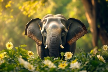 Majestic elephant standing in a field of yellow flowers