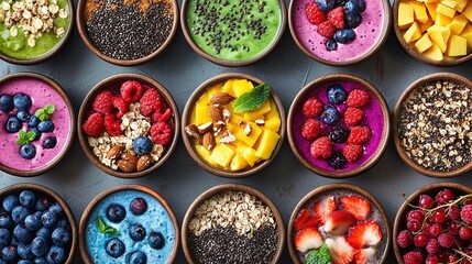 Poster -  Smoothie bowls in bowls Topped with berries, kiwis, pineapples, blueberries, raspberries, almonds