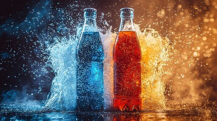 Poster -   Two bottles of soda are splashing out of the water against a black backdrop, with an orange-blue splash