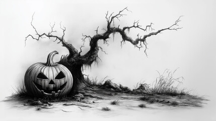 Scary pumpkin drawing in front of a dead tree. Halloween drawing with jack-o'-lantern against a white background.