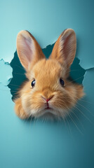 Wall Mural - Adorable fluffy rabbit with cute ears peeking through a hole in a blue background