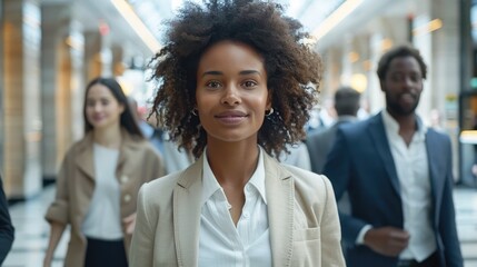 Confident and career focused young businesswoman wearing a smart casual outfit striding purposefully down a modern office building corridor conveying a sense of success and leadership