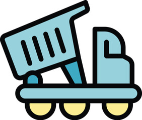 Poster - Colorful linear icon of a dump truck unloading cargo on a construction site