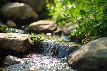 Wall Mural - Close up of a small stream flowing over rocks and green foliage. Water feature, natural beauty, and tranquility.