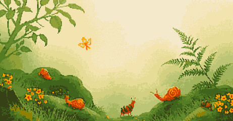 Wall Mural - A forest bed of mystical critters and bugs, Pixel art fantasy style