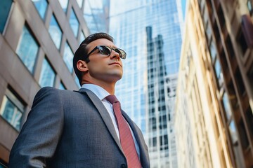 Confident Businessman in Suit and Sunglasses Looking Up at Skyscrapers in the City