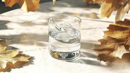 Wall Mural -   A glass of water sits atop a table surrounded by yellow-brown leaves