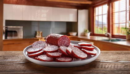 Plate with sliced  salami sausage on wooden table in modern kitchen