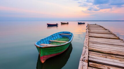 Naklejka na meble A fisherman s port at dawn with small boats, fishing nets, and weathered wooden docks, creating a nostalgic and authentic maritime atmosphere