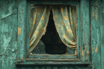 Wall Mural - a tattered, threadbare curtain hanging in a broken window. concept of inadequate living conditions.