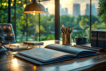 Poster - a planner opened to a busy weekly schedule on a modern office desk. concept of organization in busin