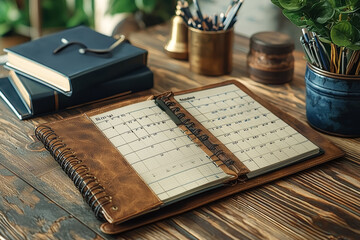 Poster - a planner opened to a busy weekly schedule on a modern office desk. concept of organization in busin