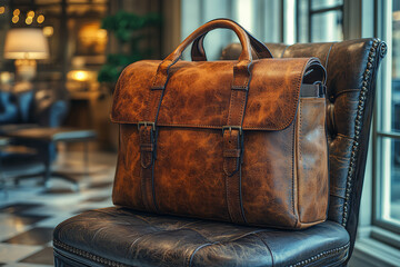 Sticker - A high-end laptop bag made of premium leather, resting on an office chair. Concept of business travel.