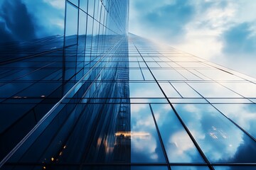 Low angle view of modern skyscraper with glass facade reflecting blue sky and clouds.