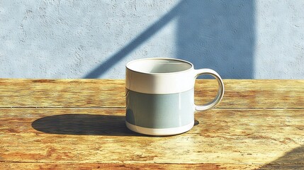 Wall Mural -   A coffee cup sits atop a wooden table beside a person's shadow cast on the wall