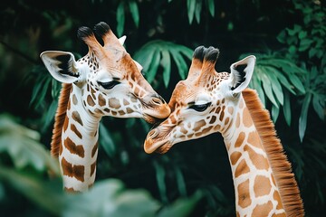 Two Giraffes Nuzzle Each Other in a Lush Forest